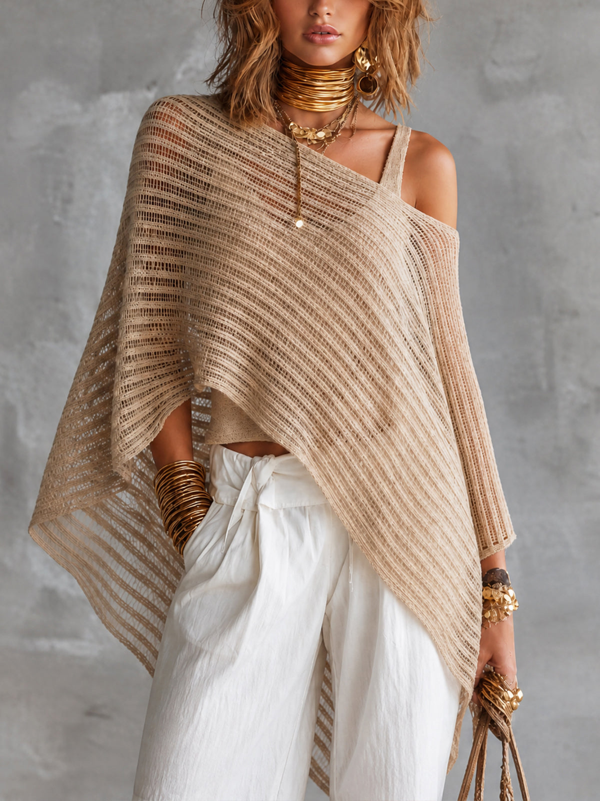 Chic Beige U-Neck Tank Top Off-Shoulder Poncho Asymmetrical Hem Loose-Fit Mesh Sweater Two Piece Set