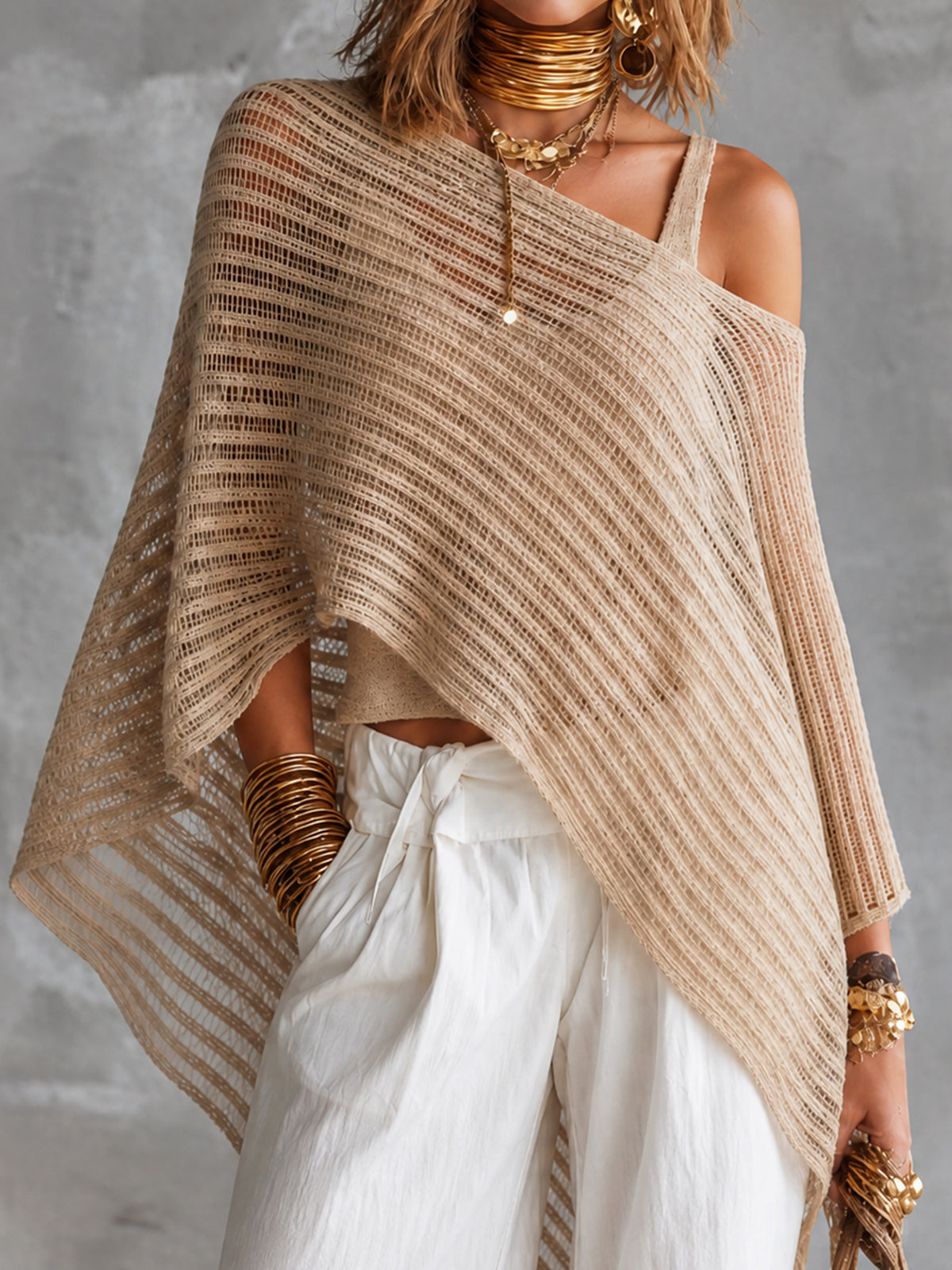 Chic Beige U-Neck Tank Top Off-Shoulder Poncho Asymmetrical Hem Loose-Fit Mesh Sweater Two Piece Set
