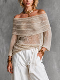 Chic Beige Off Shoulder Three-Quarter Sleeves Loose Fit Mesh Knit Top