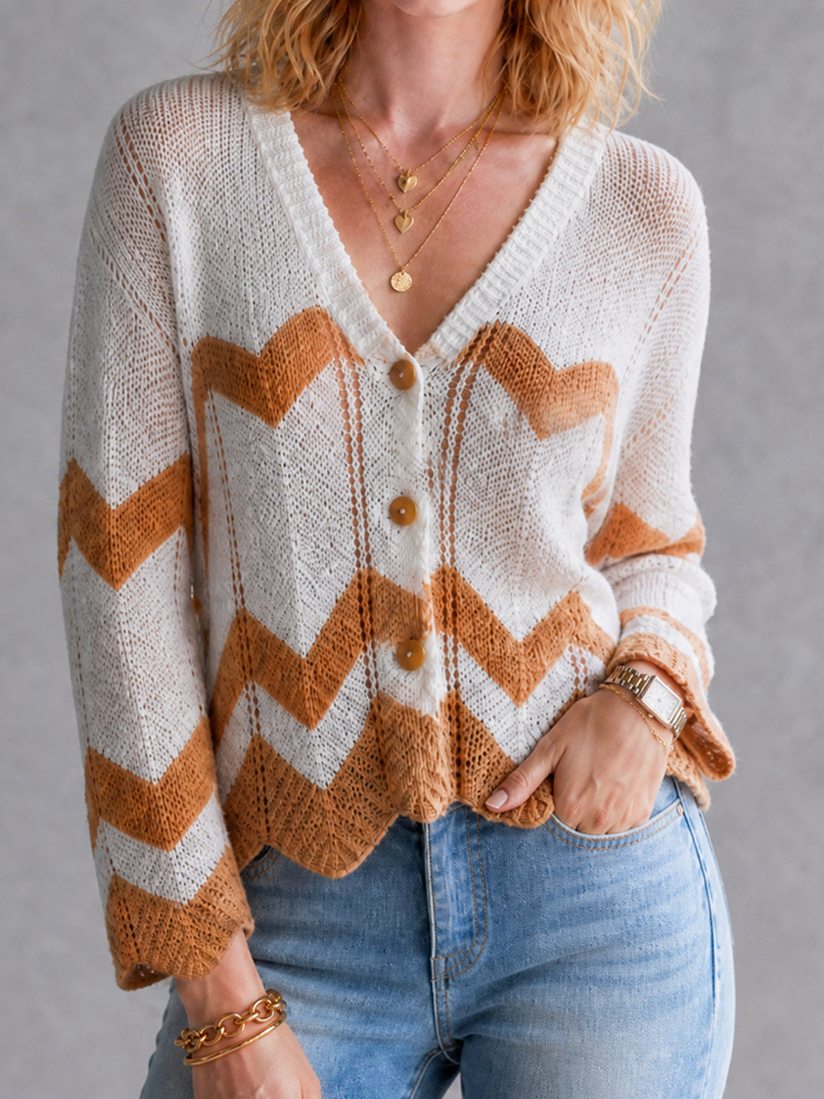Chic White-Caramel Colorblock Chevron Stripes V-Neck Single-Breasted Three-Quarter Bell Sleeves Loose-Fit Mesh Knit Cardigan Top