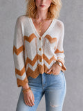 Chic White-Caramel Colorblock Chevron Stripes V-Neck Single-Breasted Three-Quarter Bell Sleeves Loose-Fit Mesh Knit Cardigan Top