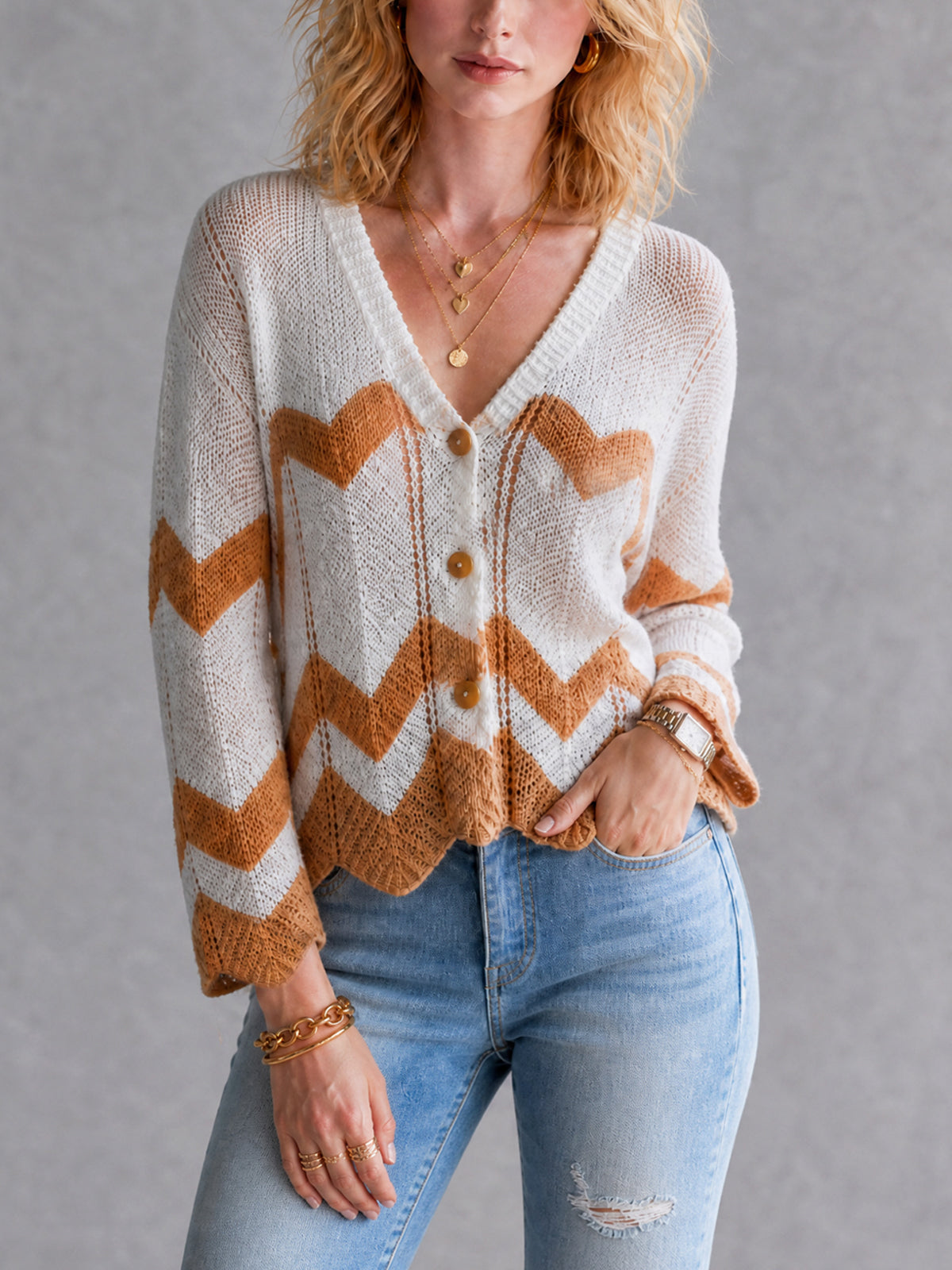 Chic White-Caramel Colorblock Chevron Stripes V-Neck Single-Breasted Three-Quarter Bell Sleeves Loose-Fit Mesh Knit Cardigan Top