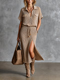 Chic Taupe Lapel Collar V-Neck Short Sleeve Loose Bead Drawstring Slit Detail Ribbed Knit Maxi Dress