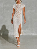Chic White Round Neck Raglan Half Sleeve Slit Detail Slim-Fit Hollow Chevron Knit Midi Dress