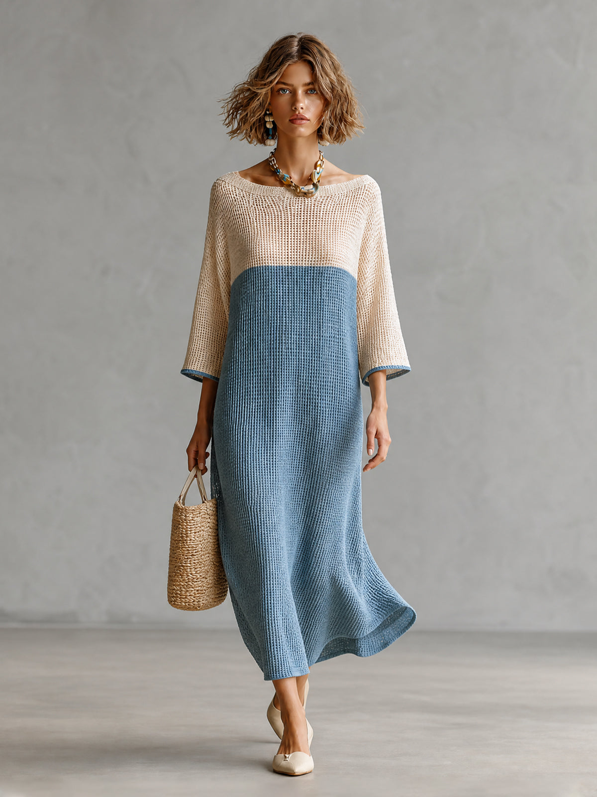 Chic Beige-Blue Colorblock Boat Neck Three Quarter Sleeve Loose-Fit Hollow Knit Maxi Dress