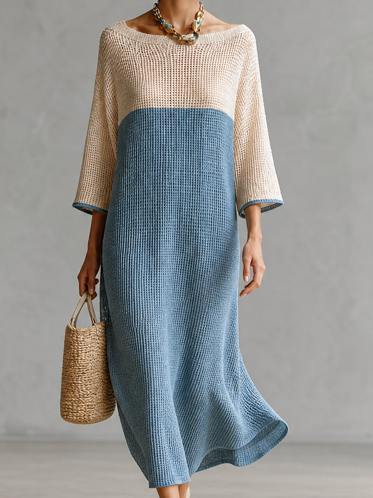 Chic Beige-Blue Colorblock Boat Neck Three Quarter Sleeve Loose-Fit Hollow Knit Maxi Dress