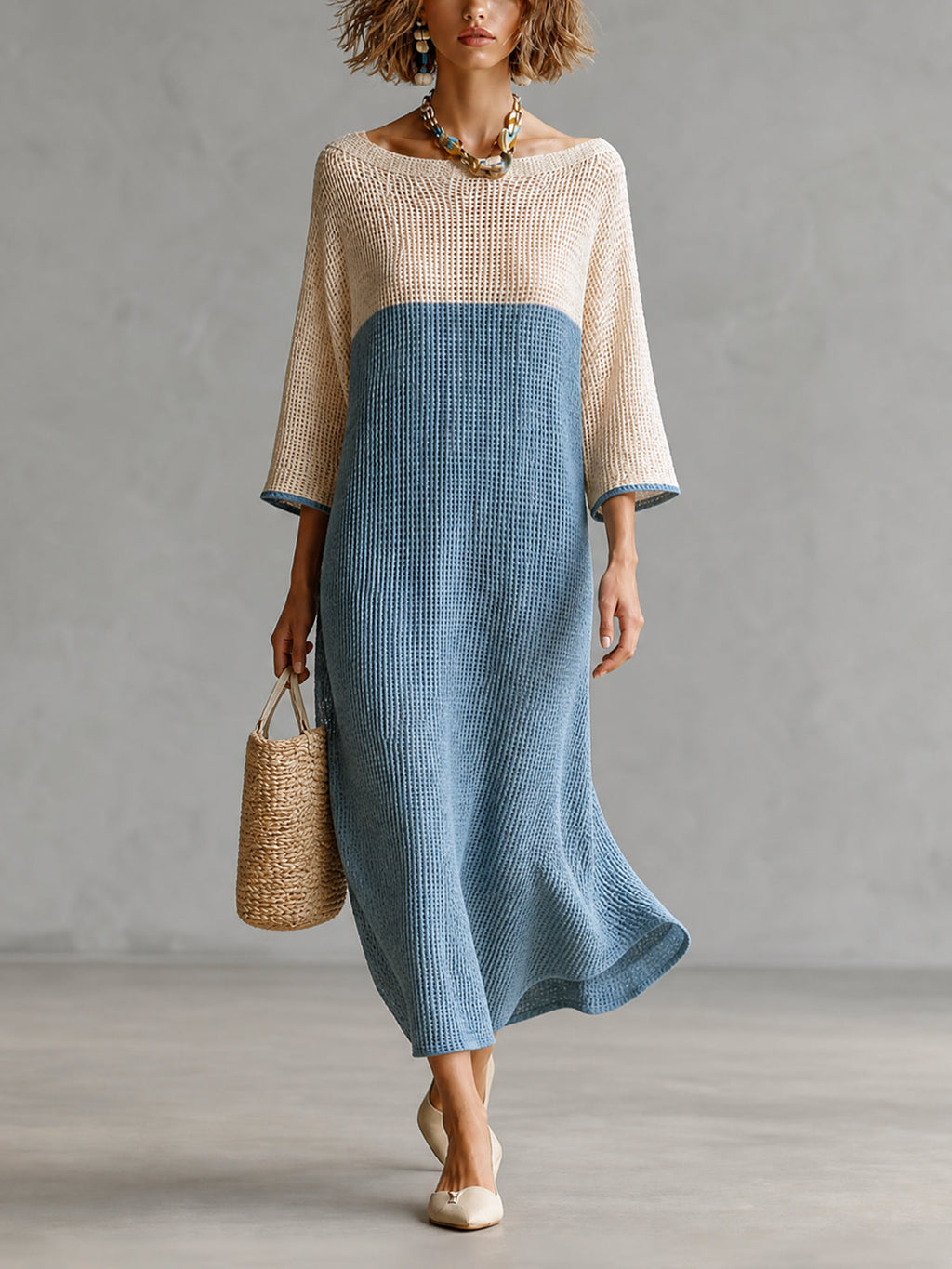 Chic Beige-Blue Colorblock Boat Neck Three Quarter Sleeve Loose-Fit Hollow Knit Maxi Dress
