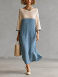 Chic Beige-Blue Colorblock Boat Neck Three Quarter Sleeve Loose-Fit Hollow Knit Maxi Dress