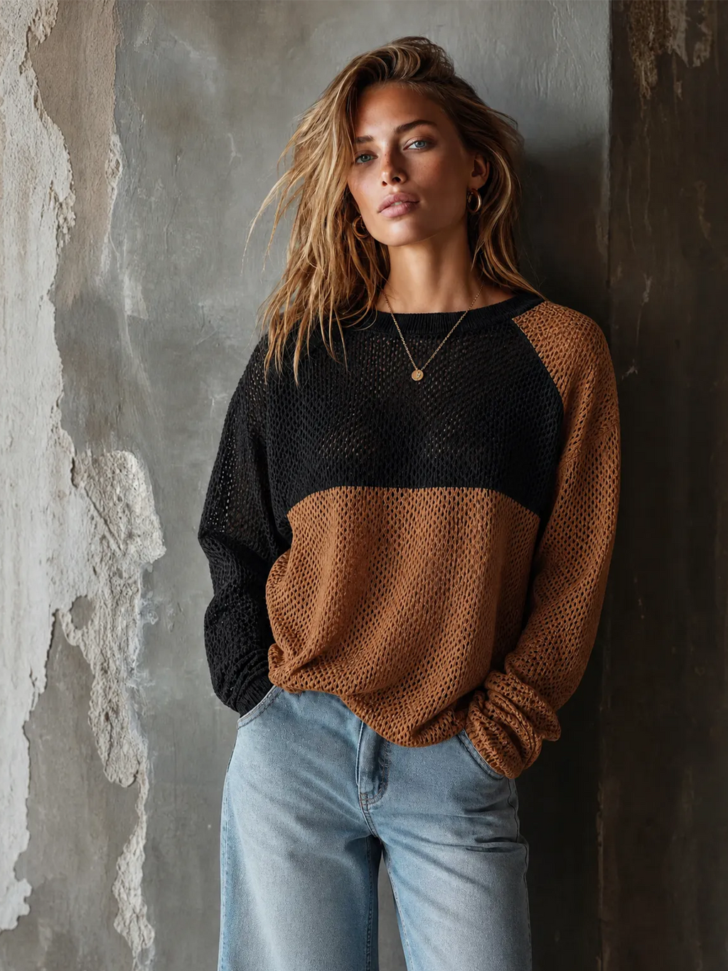 Chic Casual Black-Brown Colorblock Round Neck Long Sleeve Loose-Fit Mesh Knit Sweater Top