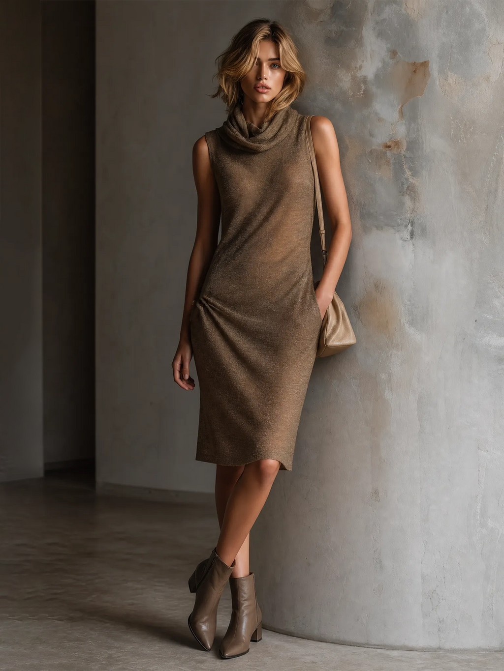 Chic Elegant Taupe Cowl Neck Sleeveless Loose-Fit Knit Midi Dress