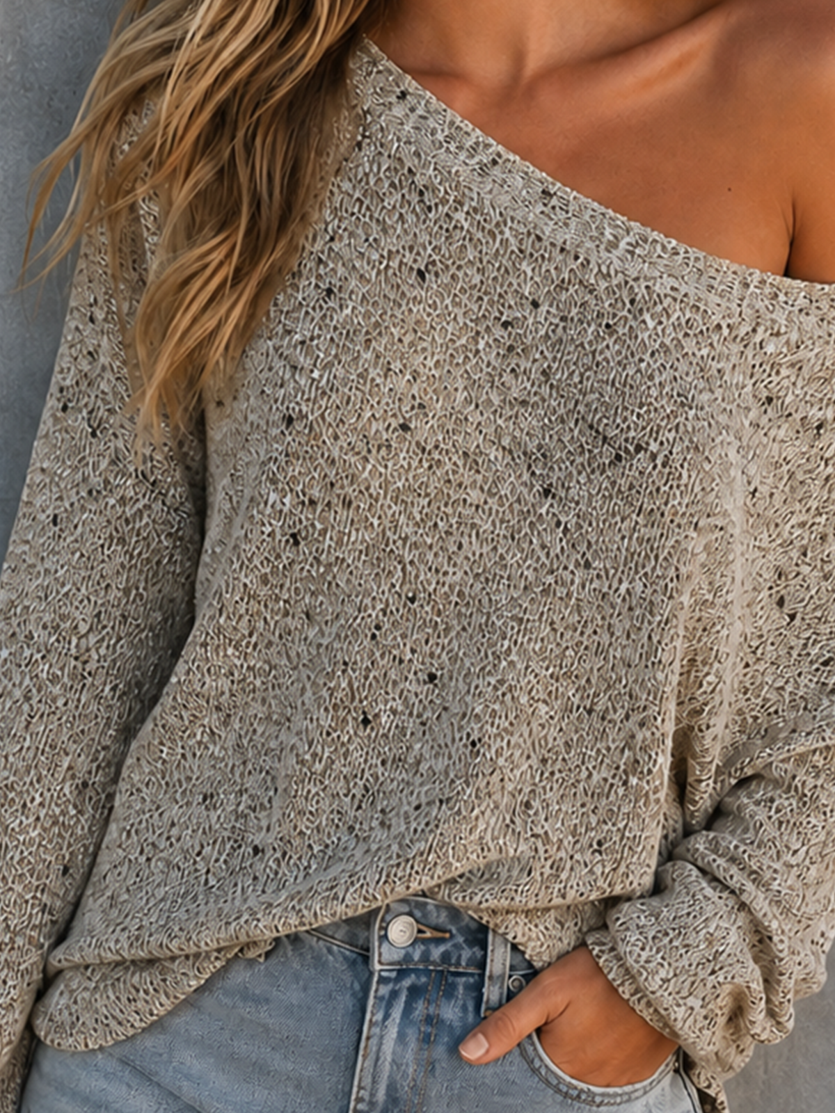 Chic Casual Oatmeal Off‑the‑Shoulder Heather Speckled Mesh Long Sleeve Loose-Fit Knit Sweater Top