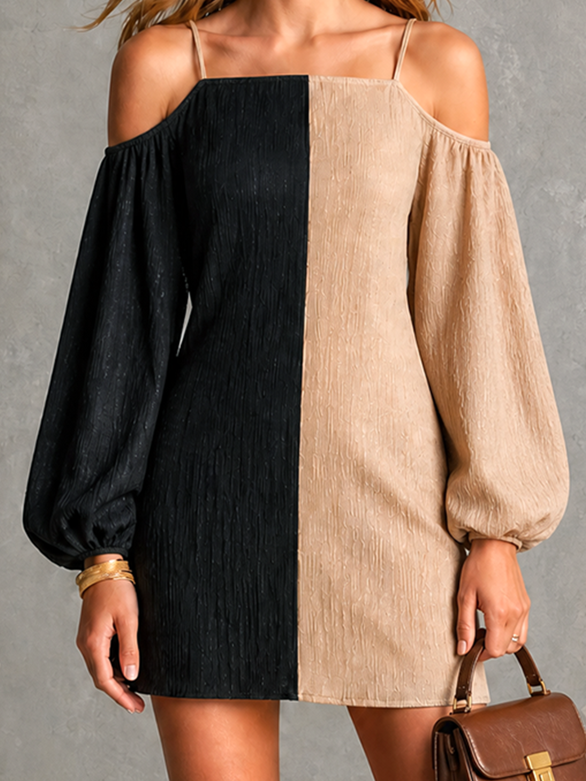 Chic Elegant Black- Oatmeal Colorblock Spaghetti Straps Cold Shoulder Balloon Long Sleeve Loose-Fit Crinkle Chiffon Mini Dress