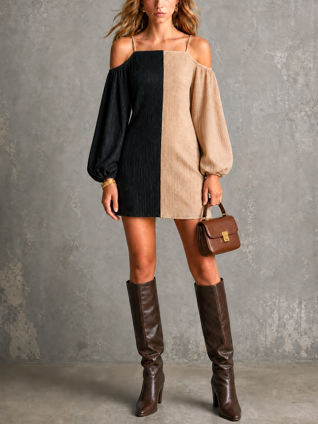 Chic Elegant Black- Oatmeal Colorblock Spaghetti Straps Cold Shoulder Balloon Long Sleeve Loose-Fit Crinkle Chiffon Mini Dress