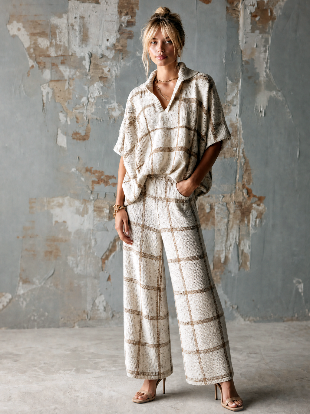 Chic Elegant Off-White-Camel Grid Jacquard Lapel V-Neck Short-Sleeve Loose-Fit Sweater Elastic-Waist Pants Knit Two-Piece Set