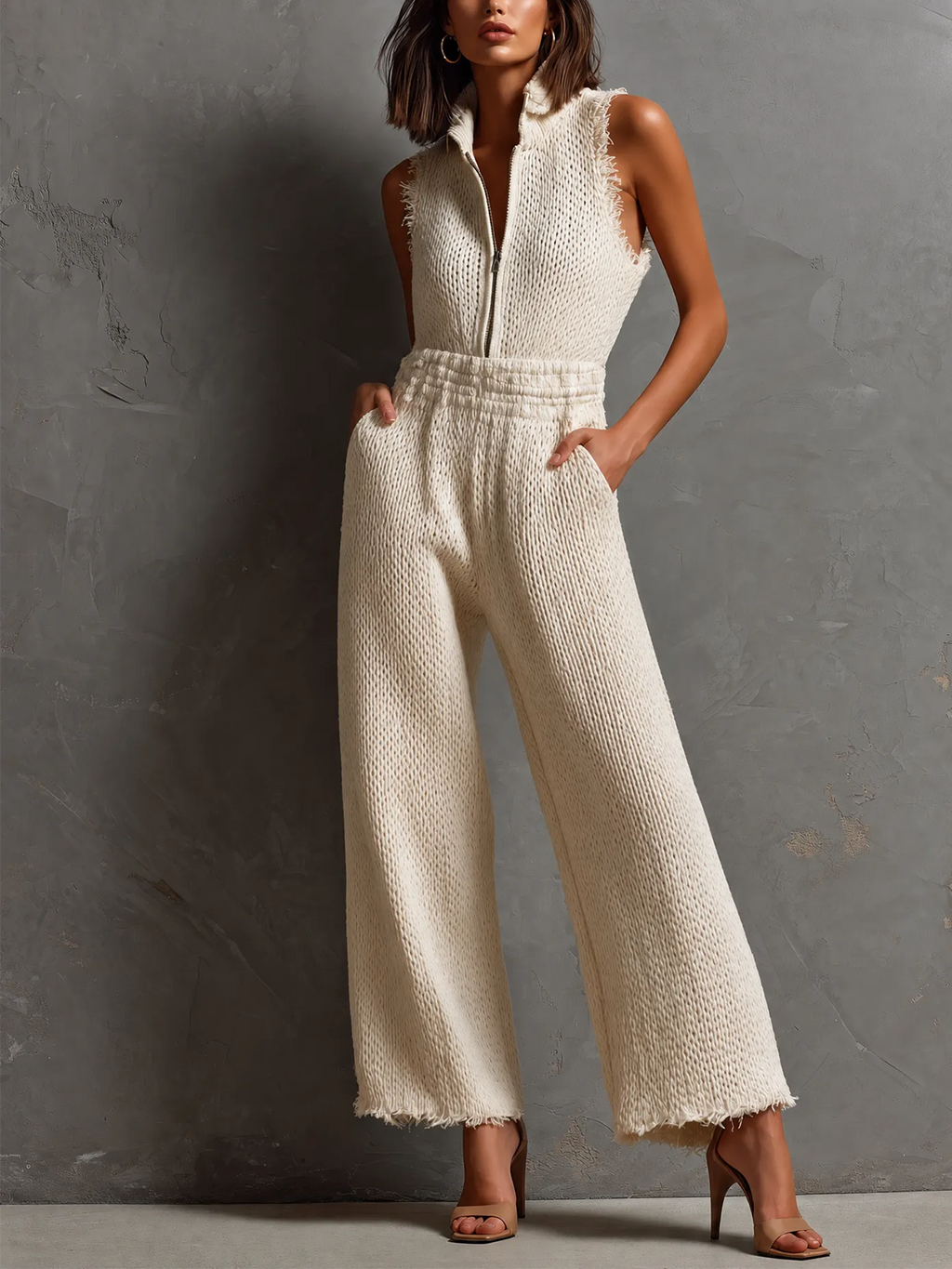 Chic Elegant Cream White Stand Collar Half Zip Frayed Edge Sleeveless Elastic-Waist Loose-Fit Knit Jumpsuit