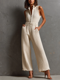 Chic Elegant Cream White Stand Collar Half Zip Frayed Edge Sleeveless Elastic-Waist Loose-Fit Knit Jumpsuit