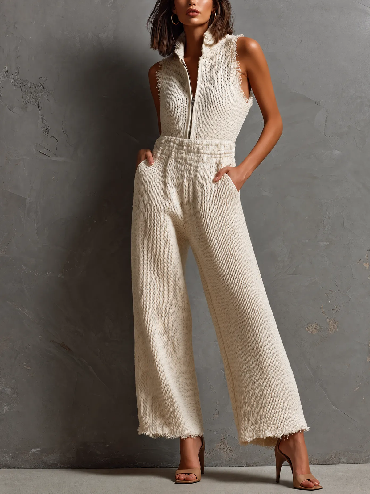 Chic Elegant Cream White Stand Collar Half Zip Frayed Edge Sleeveless Elastic-Waist Loose-Fit Knit Jumpsuit