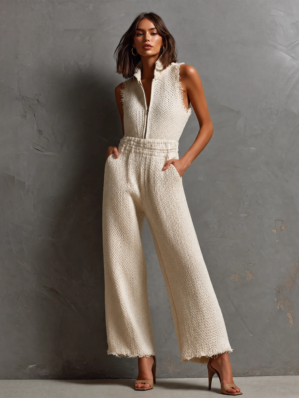Chic Elegant Cream White Stand Collar Half Zip Frayed Edge Sleeveless Elastic-Waist Loose-Fit Knit Jumpsuit