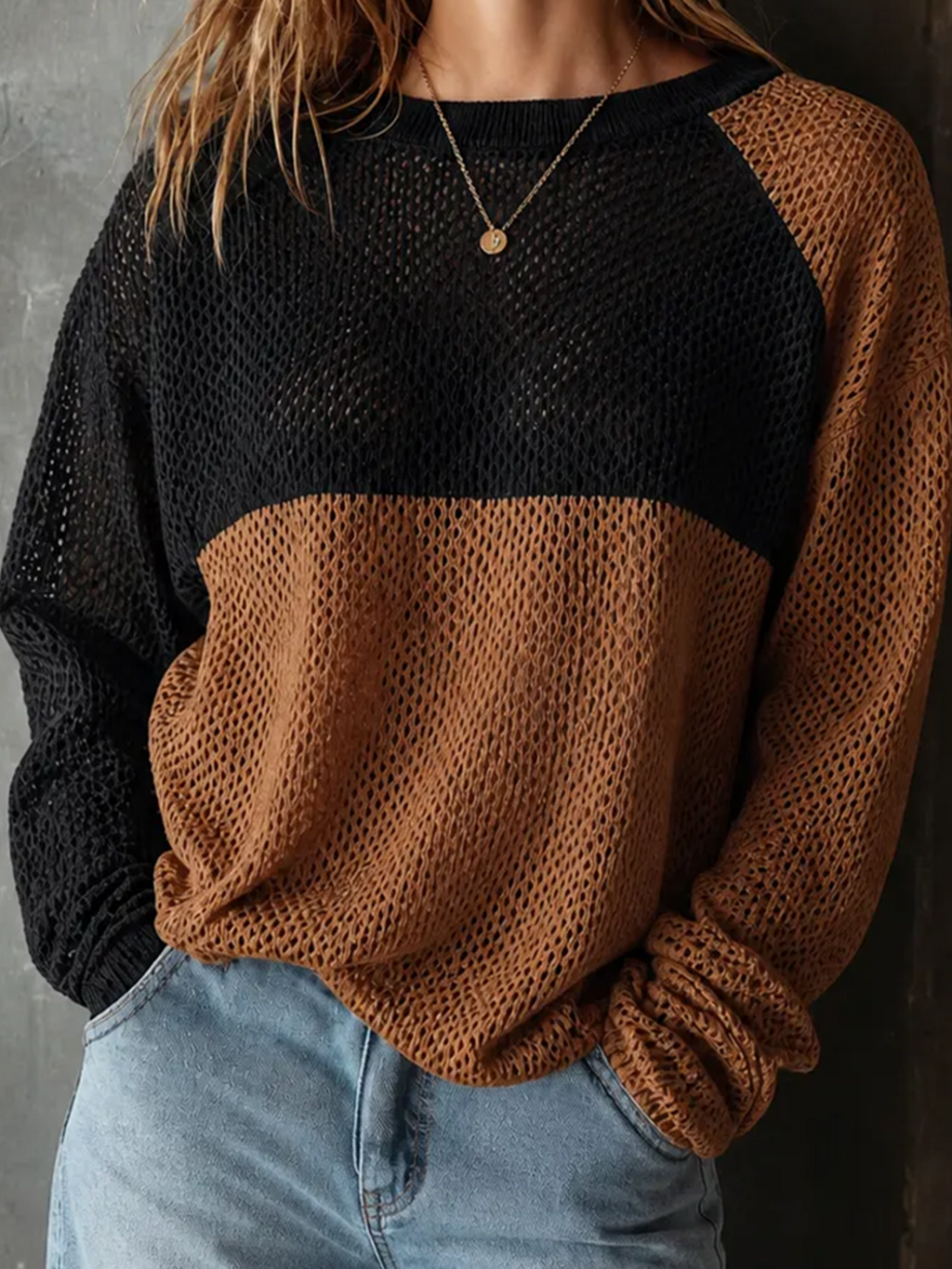 Chic Casual Black-Brown Colorblock Round Neck Long Sleeve Loose-Fit Mesh Knit Sweater Top