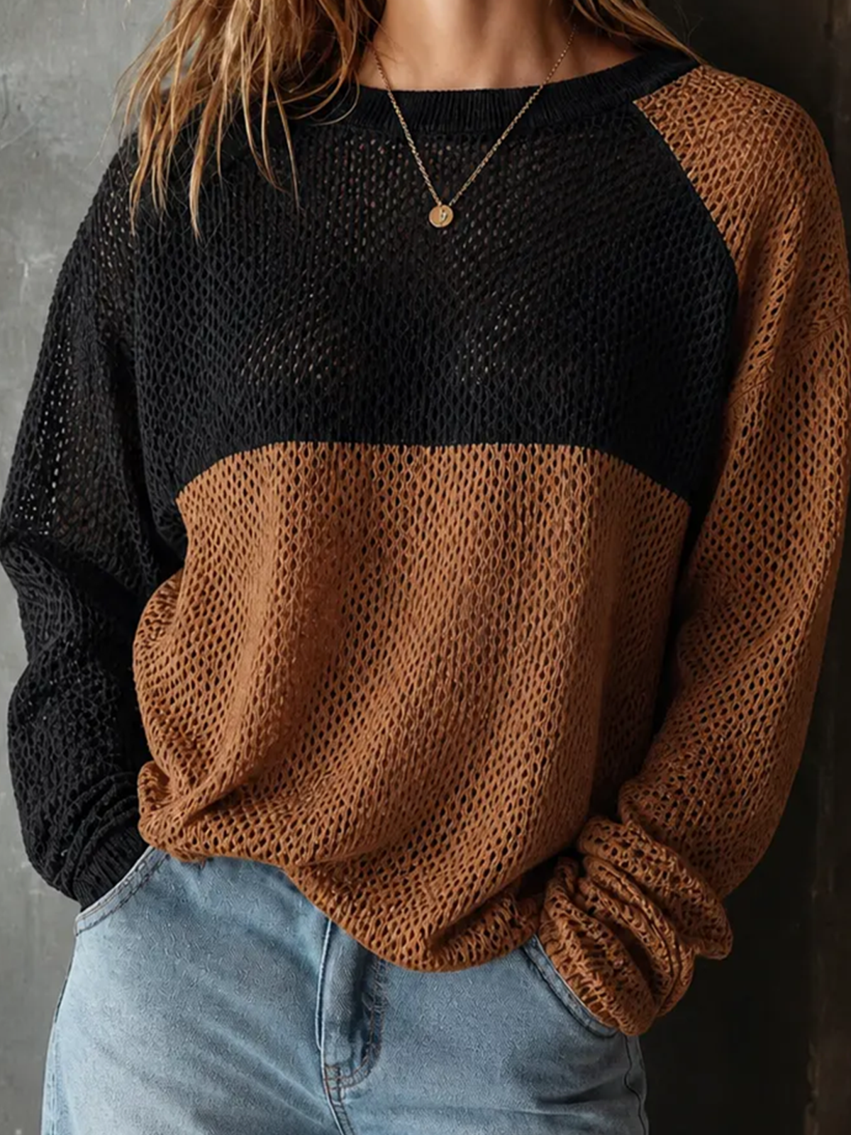 Chic Casual Black-Brown Colorblock Round Neck Long Sleeve Loose-Fit Mesh Knit Sweater Top