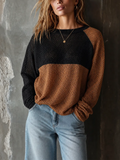 Chic Casual Black-Brown Colorblock Round Neck Long Sleeve Loose-Fit Mesh Knit Sweater Top