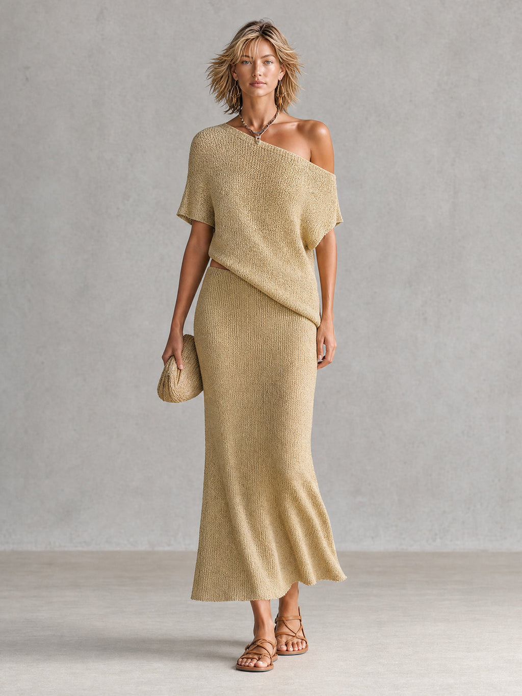 Chic Wheat Beige Asymmetric Off-Shoulder Short Sleeve Loose-Fit Knit Top A-Line Maxi Skirt Kint Two Piece Set