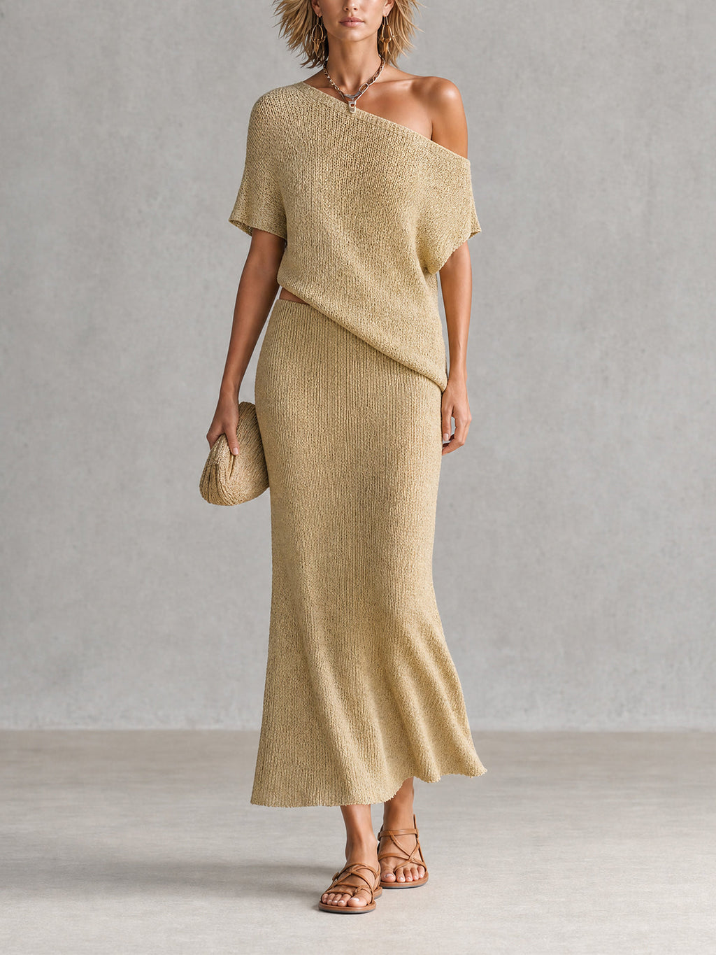 Chic Wheat Beige Asymmetric Off-Shoulder Short Sleeve Loose-Fit Knit Top A-Line Maxi Skirt Kint Two Piece Set