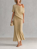 Chic Wheat Beige Asymmetric Off-Shoulder Short Sleeve Loose-Fit Knit Top A-Line Maxi Skirt Kint Two Piece Set