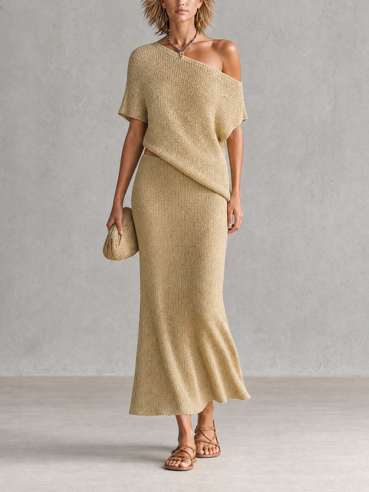 Chic Wheat Beige Asymmetric Off-Shoulder Short Sleeve Loose-Fit Knit Top A-Line Maxi Skirt Kint Two Piece Set