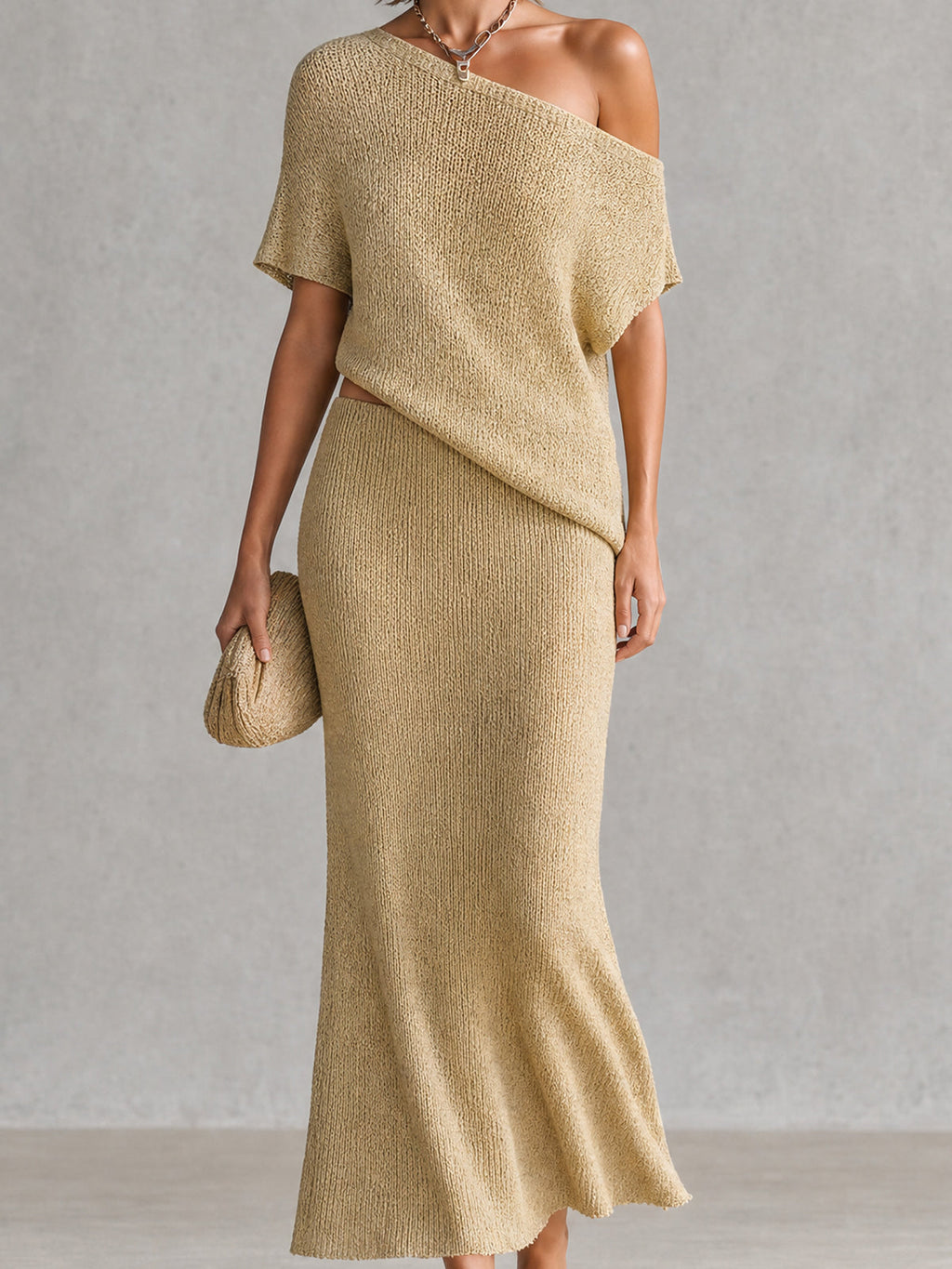 Chic Wheat Beige Asymmetric Off-Shoulder Short Sleeve Loose-Fit Knit Top A-Line Maxi Skirt Kint Two Piece Set