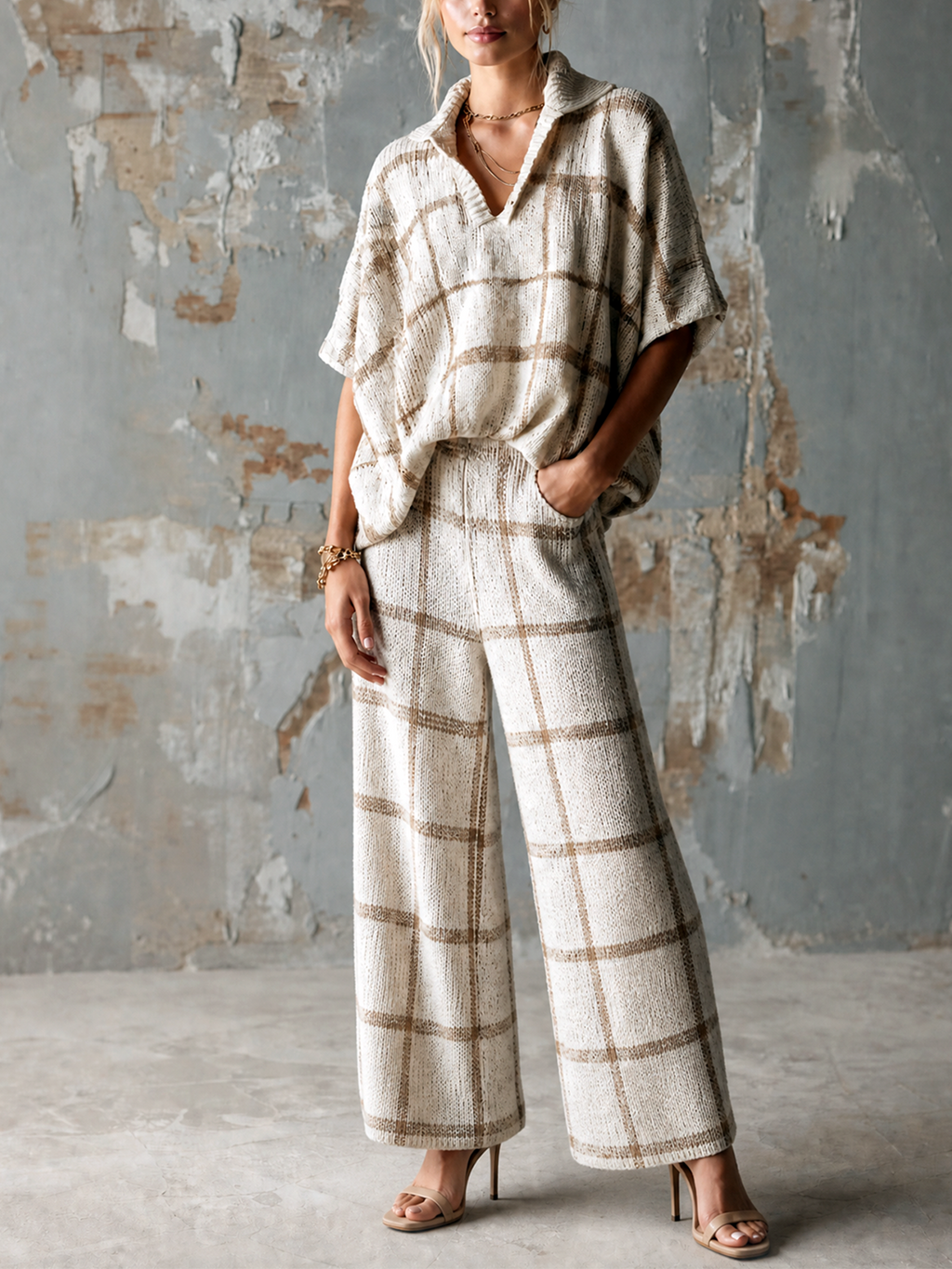 Chic Elegant Off-White-Camel Grid Jacquard Lapel V-Neck Short-Sleeve Loose-Fit Sweater Elastic-Waist Pants Knit Two-Piece Set