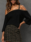Chic Edgy Black Off-The-Shoulder Asymmetrical Neck Chain Detail Three Quarter Sleeve Loose-Fit Knit Sweater Top