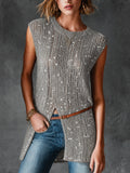 Chic Grey Round Neck Sleeveless Split Detail Loose-Fit Sequin Embellished Knit Vest Top（belt Excluded）