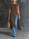 Chic Marled Brown Boat Neck Sleeveless Loose-Fit Side Slit Detail Hollow Open Long Knit Vest Top