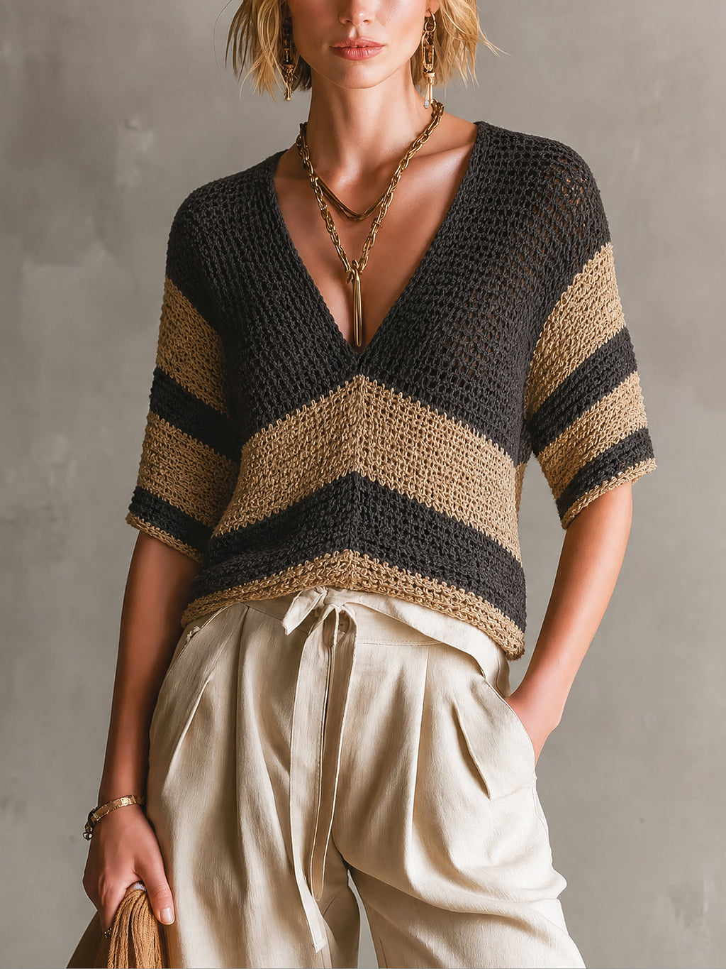 Chic Black-Camel Colorblock Stripes V-Neck Backless Half Sleeve Loose-Fit Knit Sweater Top