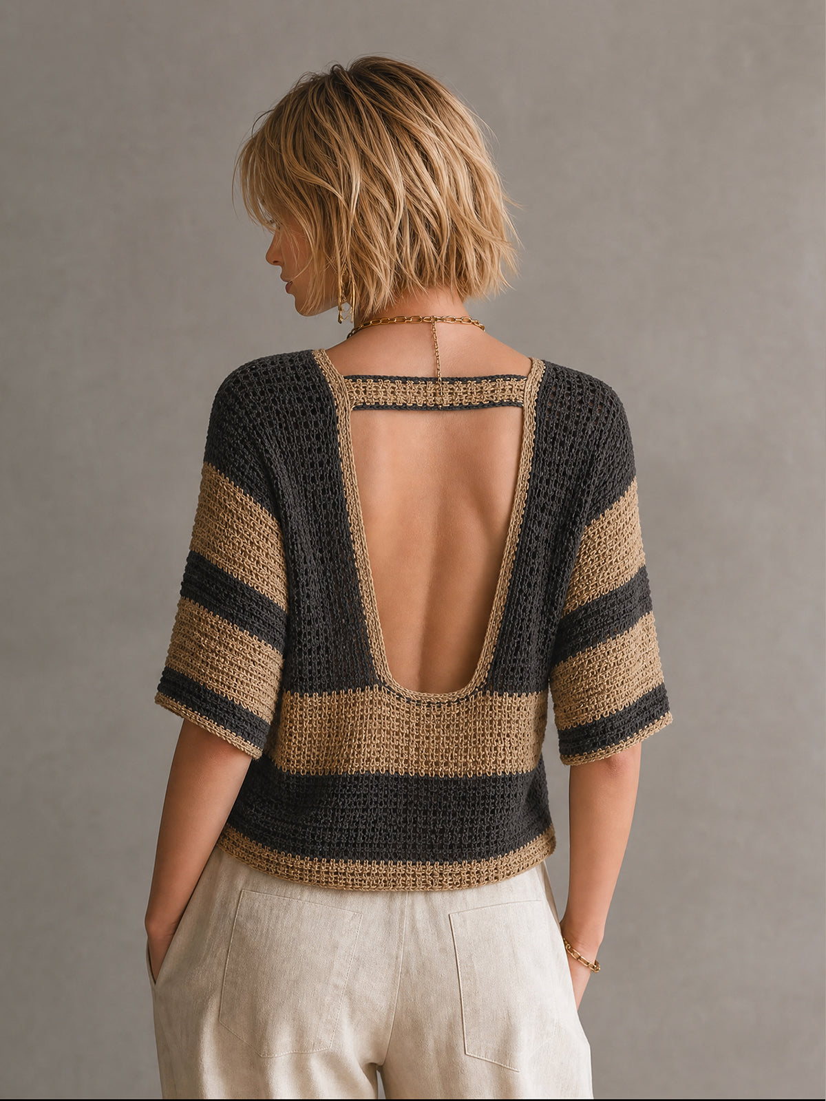 Chic Black-Camel Colorblock Stripes V-Neck Backless Half Sleeve Loose-Fit Knit Sweater Top