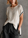 Chic White-Black Colorblock Round Neck Diamond Pattern Short Sleeve Loose-Fit High Low Hem Side Slit Mesh Knit Top