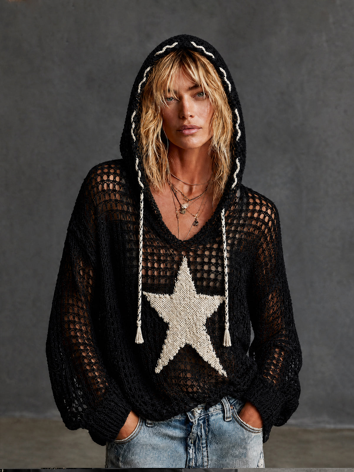 Chic Black-White StarJacquard Hooded Drawstring Tassel Detail Long Sleeve Loose-Fit Mesh Knit Sweater Top