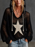 Chic Black-White StarJacquard Hooded Drawstring Tassel Detail Long Sleeve Loose-Fit Mesh Knit Sweater Top