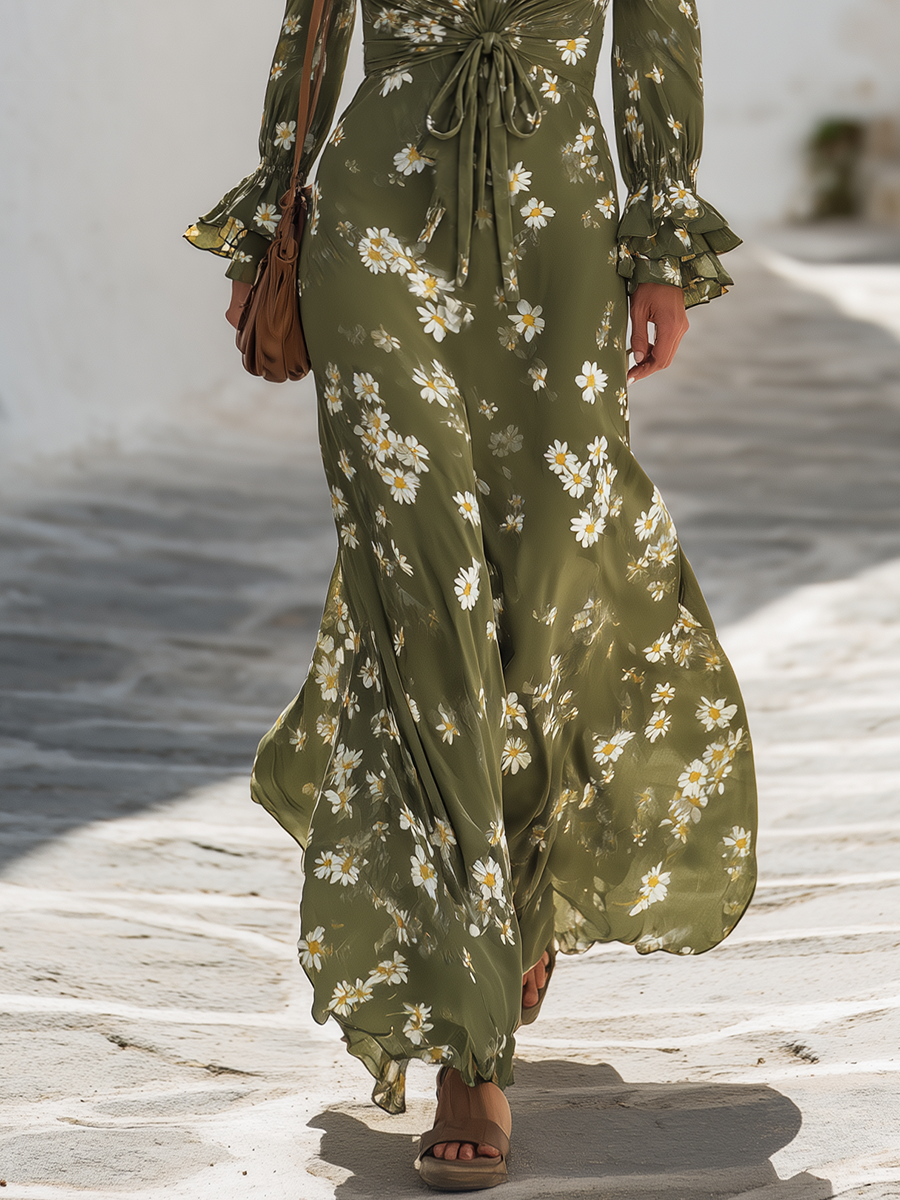 Boho Olive Green Daisy Floral V-Neck Long Sleeve Twist-Front Flowy Maxi Dress