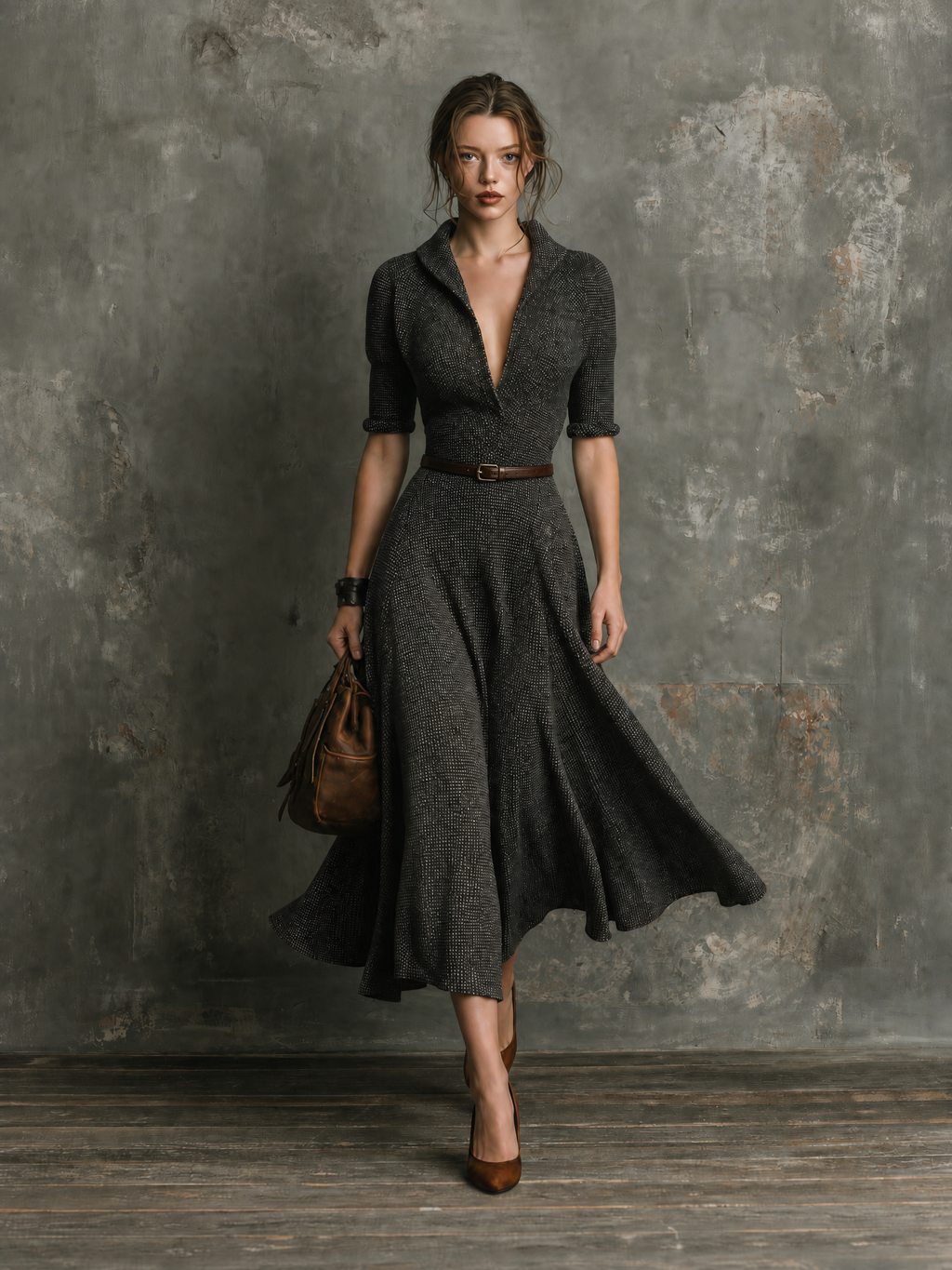 Chic Elegant Charcoal Shawl Collar V-Neck Half Sleeve Waist Belt A-Line Speckled Tweed Midi Dress