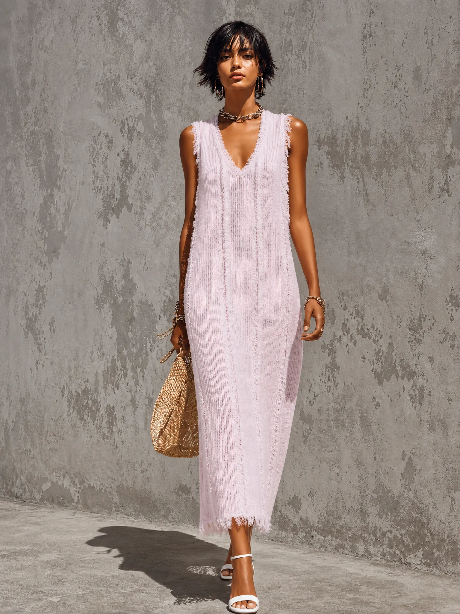 Chic Elegant Pink V-Neck Frayed Raw Edge Sleeveless Loose-Fit Knit Maxi Dress