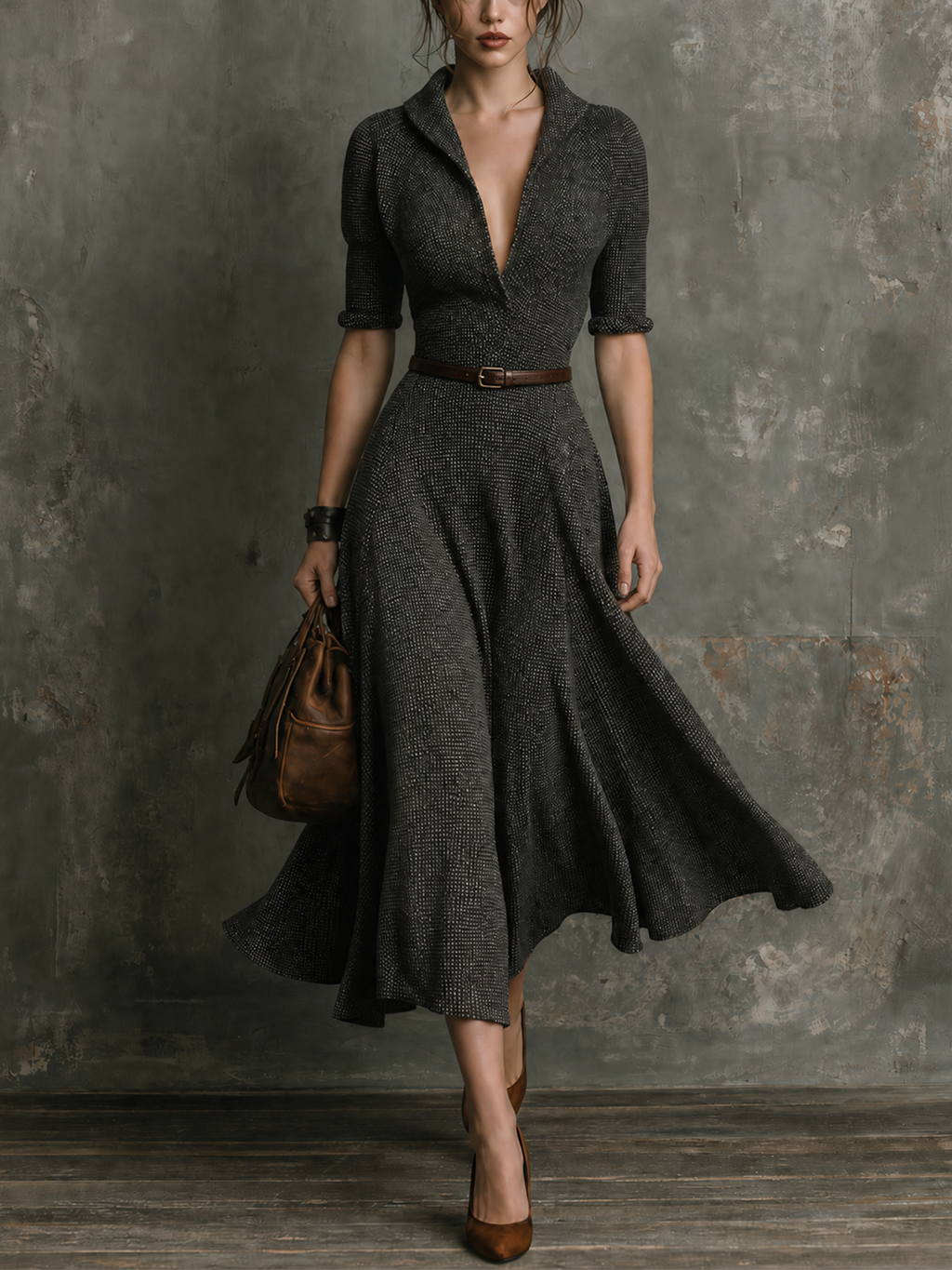 Chic Elegant Charcoal Shawl Collar V-Neck Half Sleeve Waist Belt A-Line Speckled Tweed Midi Dress