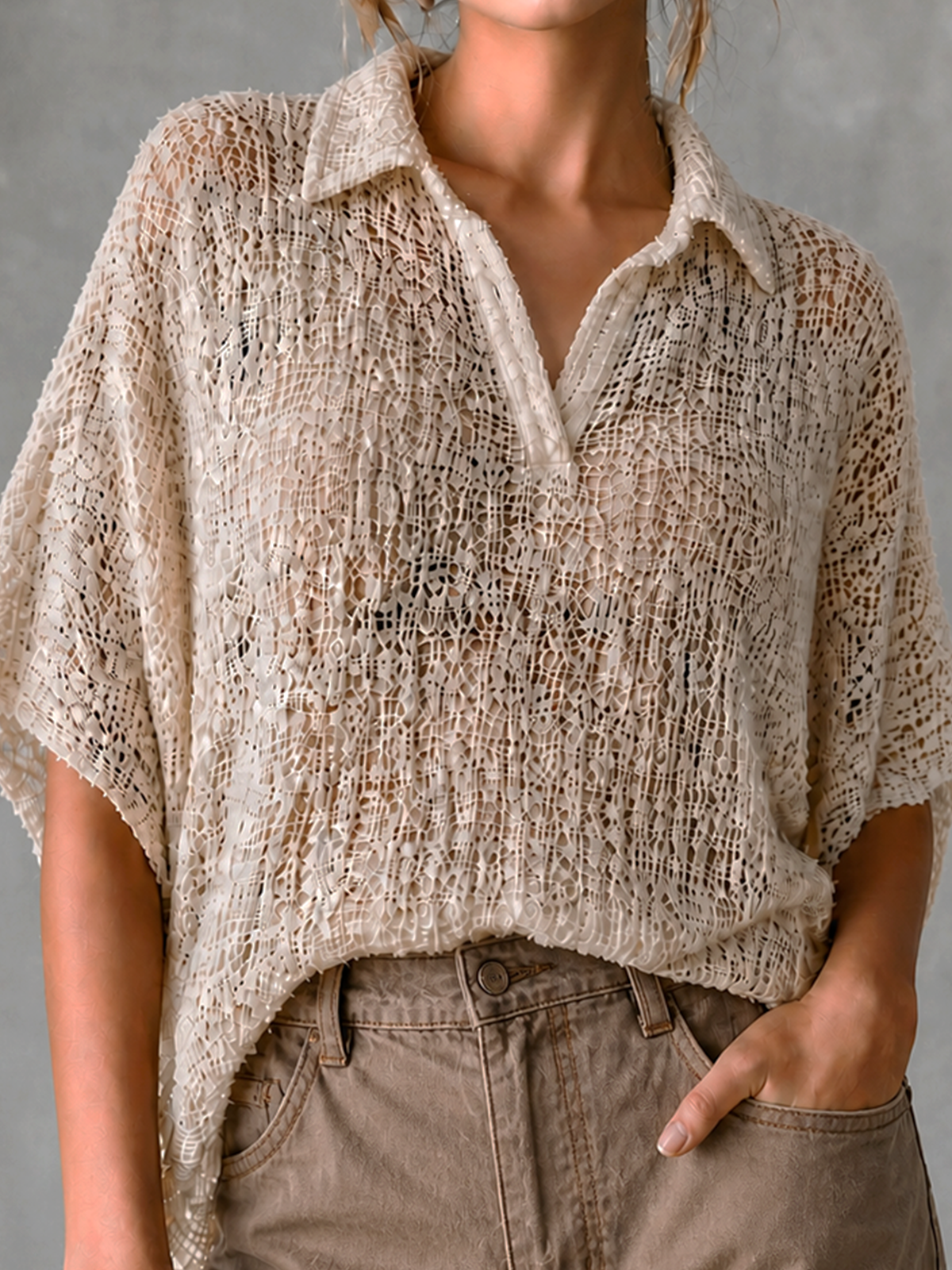 Chic Casual Off-White Lapel-Collar V-Neck Short Sleeve Loose-Fit Mesh Knit Sweater Top