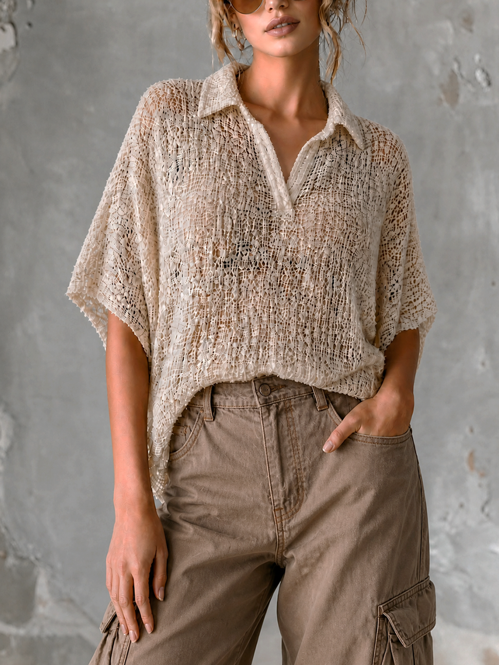 Chic Casual Off-White Lapel-Collar V-Neck Short Sleeve Loose-Fit Mesh Knit Sweater Top