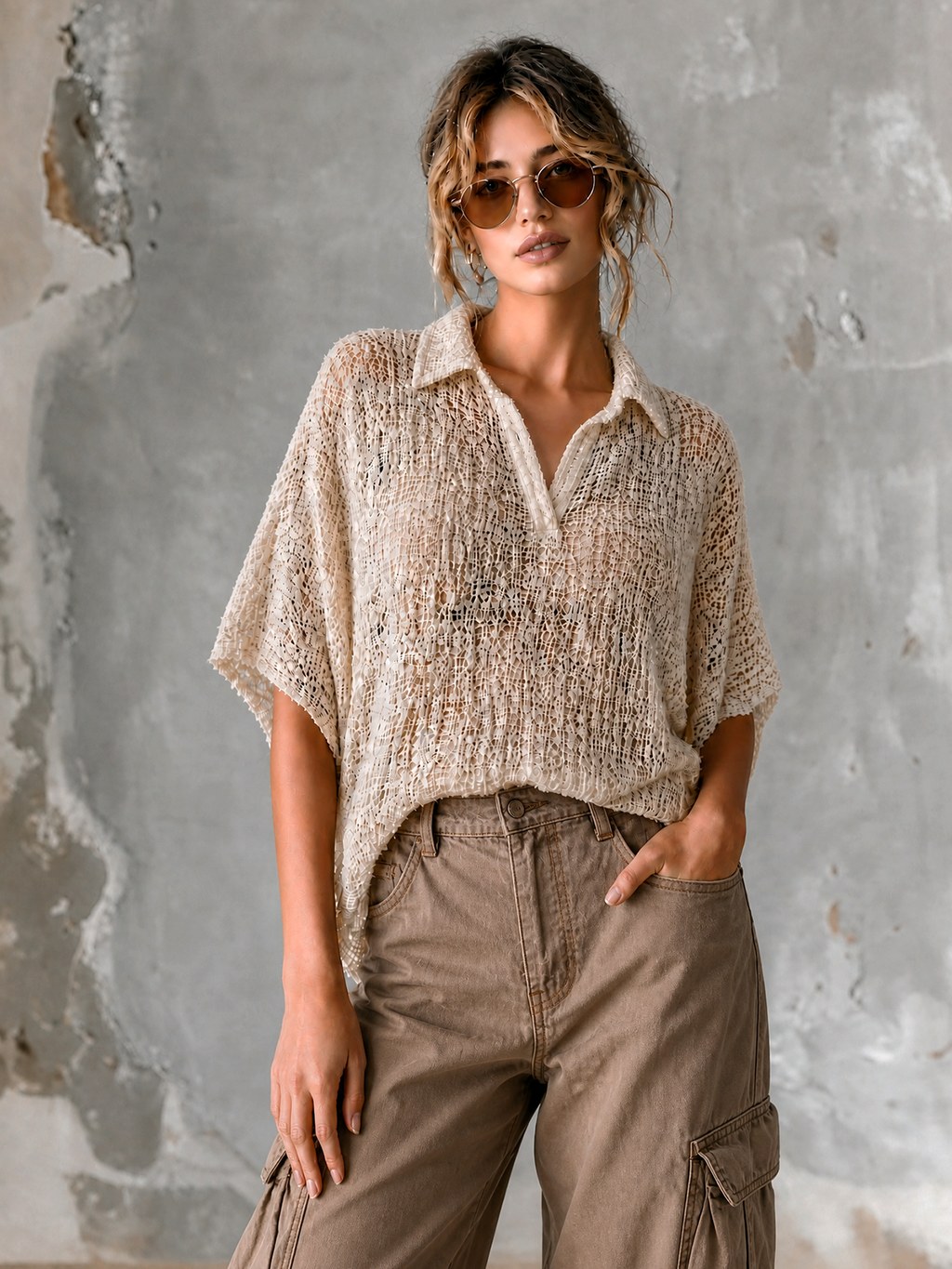 Chic Casual Off-White Lapel-Collar V-Neck Short Sleeve Loose-Fit Mesh Knit Sweater Top