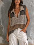 Chic Casual Taupe-Oatmeal-Brown Colorblock Lapel-Collar V-Neck Sleeveless Loose-Fit Knit Vest Top