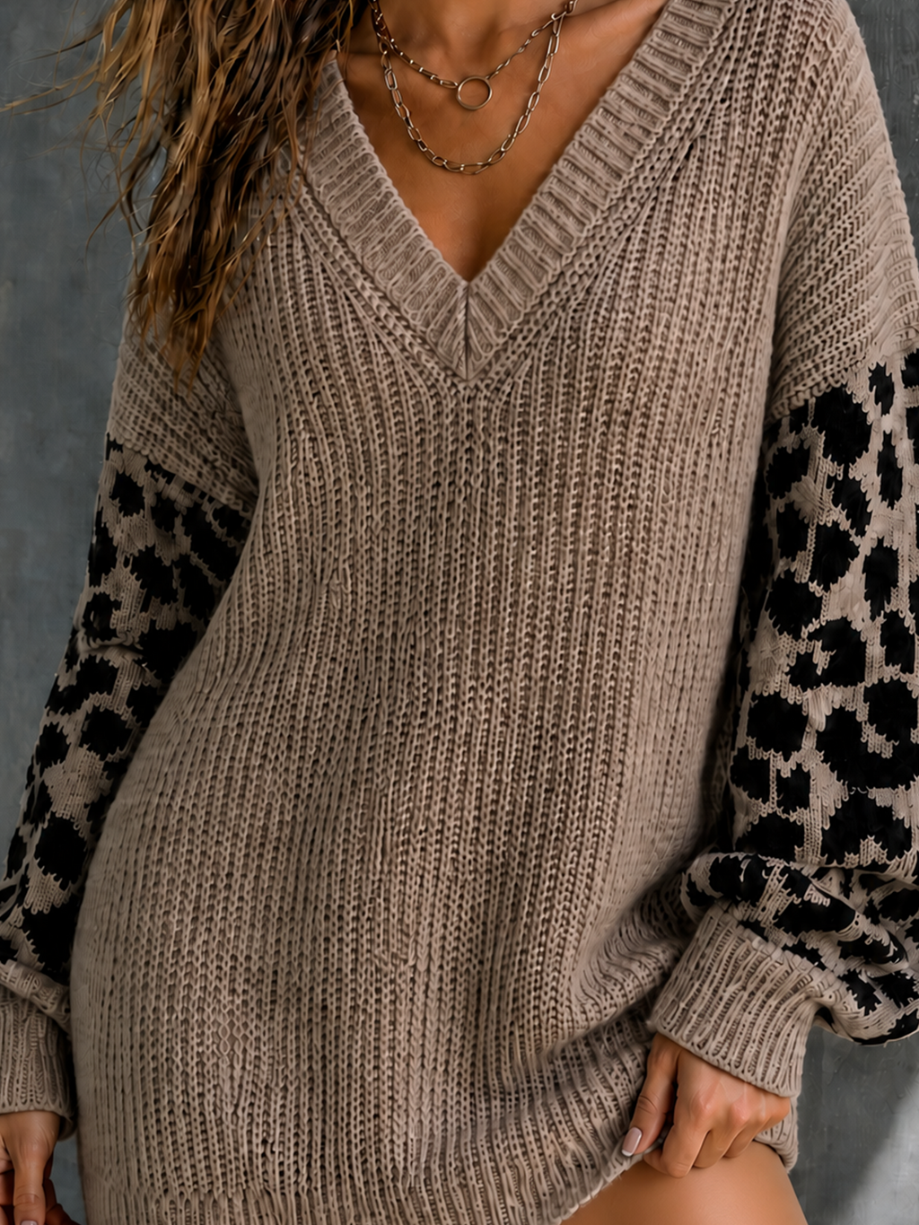Chic Elegant Light Taupe V-Neck Leopard Jacquard Long Sleeve Loose-Fit Knit Mini Dress