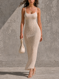 Chic Elegant Off-White Spaghetti Straps U-Neck Sleeveless Slim-Fit Hollow-Out Knit Maxi Dress