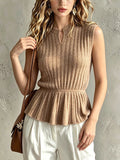 Chic Elegant Camel Notched Round-Neck Sleeveless Elastic-Waist Ruffle-Hem Ribbed Knit Vest Top